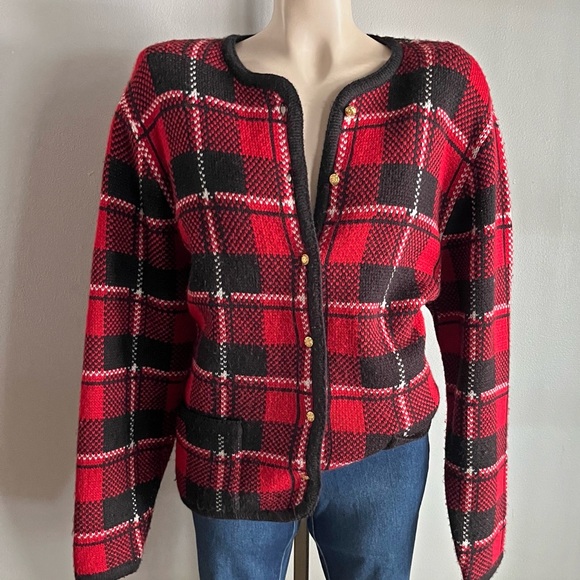 Vintage Liz Baker Red Plaid Button Cardigan Sweater – Shoulder Pads, Pockets, M - Picture 1 of 9